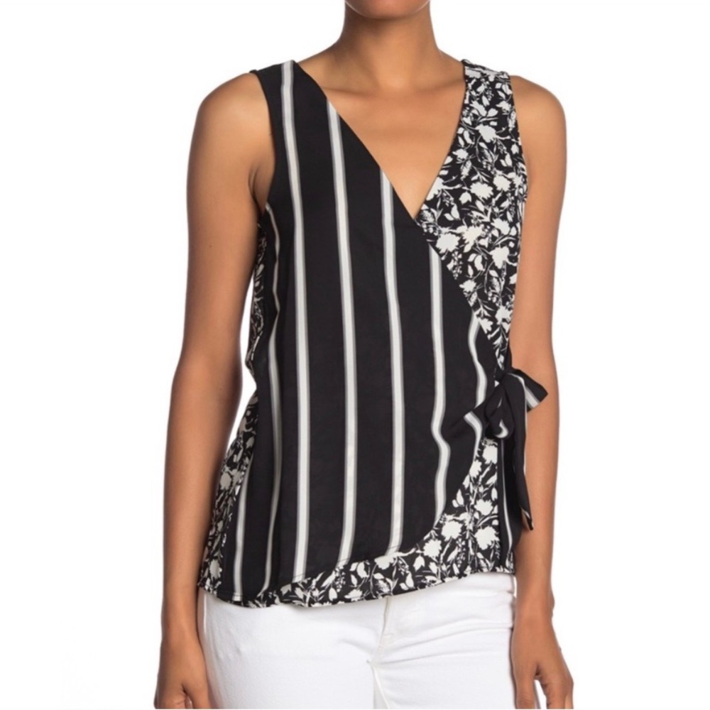 Bobeau Mixed Print Faux Wrap Sleeveless Blouse